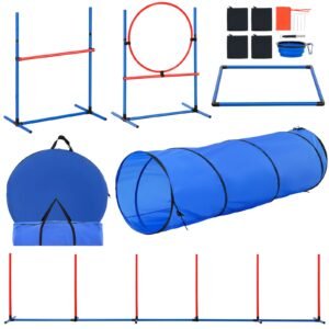 Dog Agility Training Equipment, 5 PCS Set with Adjustable High Hurdles,6 Weave Poles, Tunnel, Jump Ring, Pause Box, Whistle, Foldable Bowl, Puppy Obstacle Course Kit with Storage Bags