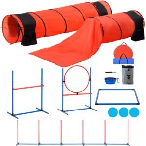 Dog Agility Training Equipment, 7 PCS Set Upgrade w/ Adjustable High Hurdles,6 Weave Poles,2 Tunnels,Jump Ring,Pause Box,Whistle,Foldable Bowl,Puppy Obstacle Course Kit w/ 3 Bags