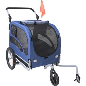 Dog Bike Trailer, Supports up to 100 lbs, 2-in-1 Pet Stroller Cart Bicycle Carrier, Easy Folding Cart Frame with Quick Release Wheels, Universal Bicycle Coupler, Reflectors, Flag, Blue/Black