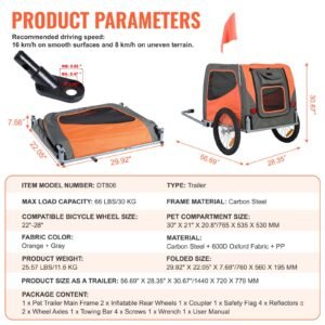 dog bike trailer supports up to 66 lbs pet cart bicycle carrier easy folding frame with quick release wheels universal bicycle coupler reflectors flag collapsible to store orangegray 3.jpg