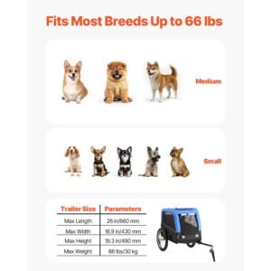 dog bike trailer, supports up to 66 lbs, pet cart bicycle carrier for small & medium dogs, easy folding frame with quick release wheel, universal bicycle coupler, reflector, flag, internal leash