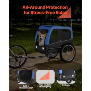 dog bike trailer, supports up to 66 lbs, pet cart bicycle carrier for small & medium dogs, easy folding frame with quick release wheel, universal bicycle coupler, reflector, flag, internal leash