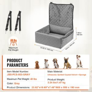 dog car seat dog booster seat for car with a storage pocket clip on safety leash sponge and pp cotton filling dog car bed for small medium dog up to 40lbs gray 3.jpg