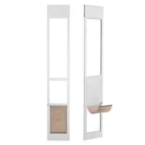 Dog Door for Sliding Glass Door, 75 7/8"-80 11/16" Adjustable Height Doggy Door for Sliding Doors, Aluminum Frame Tempered Glass Pet Door with Hinge Structure Flap and Lock for Medium-Sized Dogs