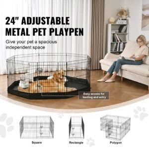 Dog Playpen, 8 Panels Foldable Metal Dog Exercise Pen with Bottom Pad, 24" H Pet Fence Puppy Crate Kennel with Ground Stakes, Indoor Outdoor Dog Pen for Small Medium Pets, for Camping, Yard