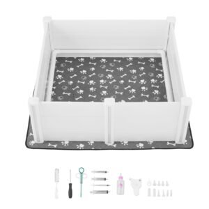 Dogs Whelping Box, 48 x 48 x 18.1 inch, Plastic PVC Puppies Playpen with Height Adjustable Door and Washable Pee Pad, Anti-Deformation Indoor Puppy Play Pen for Large Breed Dogs, Milk White