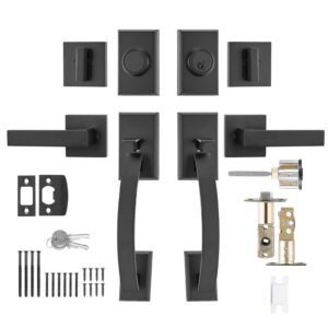 Double Door Handle Set, Matte Black Arched Door Lever, Double Front Door Handle Set with Reversible Handle Lever, Heavy Duty Double Door Lock Set with Dummy, for Office Door or Front Door