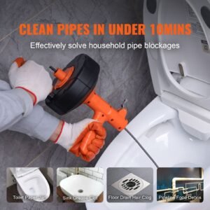 Drain Auger 25Ft, Plumbing Snake Auto Feed, Plumbers Snake with Drill Attachment, Pipe Snake Drain Clog Remover for Kitchen Bathroom Shower Sink with Protective Hose and Gloves