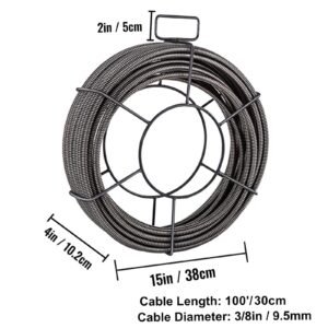 Drain Cleaning Cable 100 FT x 3/8 Inch, Solid Core Steel Sewer Cable with 4 Cutter for 2" to 4" Pipes, Sewer Auger Cleaner Cable for Sink, Floor Drain, Toilet