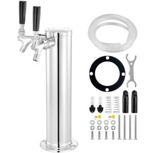 Dual Taps Draft Beer Tower Dispenser, Stainless Steel Keg Beer Tower, Kegerator Tower Kit with Pre-Assembled Tubing and Self-Closing Faucet Shanks for Party, Bar, Pub, Restaurant