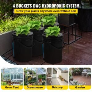 DWC Hydroponic System, 5 Gallon 4 Buckets, Deep Water Culture Growing Bucket, Hydroponics Grow Kit with Pump, Air Stone and Water Level Device, for Indoor/Outdoor Leafy Vegetables