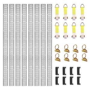 E Track Tie-Down Rail Kit, 34PCS 5FT E-Tracks Set Includes 8 Steel Rails & 2 Single Slot & 8 O Rings & 8 Tie-Offs w/D-Ring & 8 End Caps, Securing Accessories for Cargo, Motorcycles, and Bikes