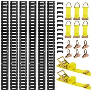 E-Track Tie-Down Rail Kit, 6 Pack 5 ft E Track Rails, 26 Pcs Includes 2 Ratchet Straps & 6 O-Rings & 6 Tie-Offs with D-Ring & 12 End Caps, Fit for Garages Vans Trailers Motorcycles