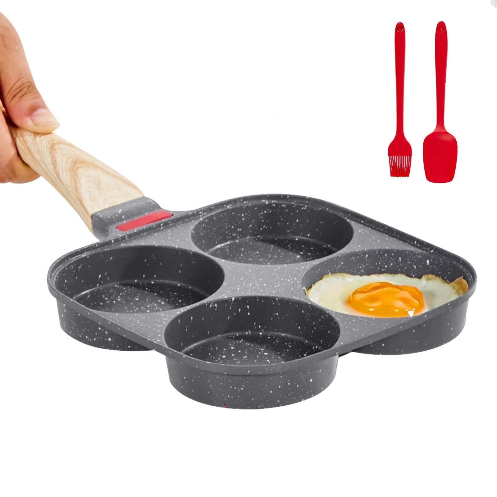 egg pan, 4 cup nonstick egg frying pan, aluminum breakfast omelette skillet for pancakes, hamburgers, sandwiches, with lid, oil brush, scraper, compatible with gas stove & induction cookware