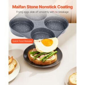 egg pan, 4 cup nonstick egg frying pan, aluminum breakfast omelette skillet for pancakes, hamburgers, sandwiches, with lid, oil brush, scraper, compatible with gas stove & induction cookware
