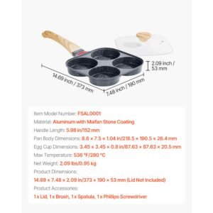 egg pan, 4 cup nonstick egg frying pan, aluminum breakfast omelette skillet for pancakes, hamburgers, sandwiches, with lid, oil brush, scraper, compatible with gas stove & induction cookware