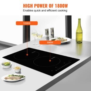 electric cooktop, 2 burners, 12'' induction stove top, built in magnetic cooktop 1800w, 9 heating level multifunctional burner, led touch screen w/ child lock & over temperature protection
