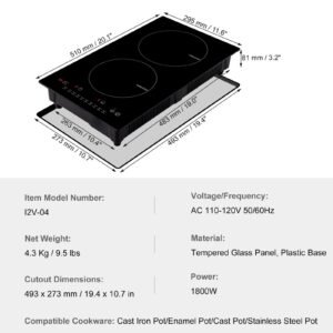 electric cooktop, 2 burners, 12'' induction stove top, built in magnetic cooktop 1800w, 9 heating level multifunctional burner, led touch screen w/ child lock & over temperature protection