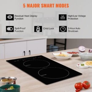 electric cooktop, 2 burners, 12'' induction stove top, built in magnetic cooktop 1800w, 9 heating level multifunctional burner, led touch screen w/ child lock & over temperature protection