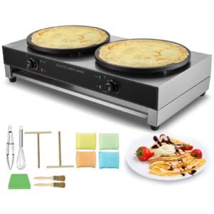 Electric Crepe Maker, 16-Inch Double Head Commercial Crepe Machine, 3400W Flat Plate Crepe Griddle, Nonstick Stainless Steel Pancake Making, Desktop Circular Cereals Pancake Stove, AC120V 60Hz