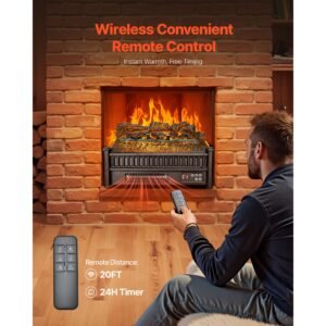 Electric Fireplace Log, 20 inch Fireplace Insert Log Heater, with Remote Controller, 5 Adjustable Flame Brightness, 24H Timer, Overheat Protection, Thermostat, for Home and Office Decor Black