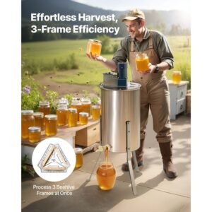 Electric Honey Extractor, 3 Frame Honey Spinner with Transparent Lid, 140W Stainless Steel Honeycomb Drum Spinner, Height Adjustable, Honeycomb Extraction Equipment for Beekeeping