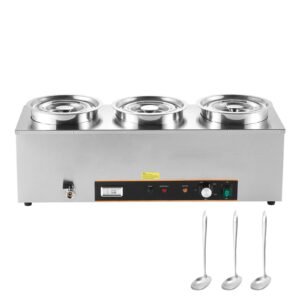 Electric Soup Warmer, Three 6.34QT Stainless Steel Round Pot with 86~185 Fahrenheit Adjustable Temp, 1500W Commercial Bain Marie with Anti-dry Burn and Reset Button, Soup Station for Buffet
