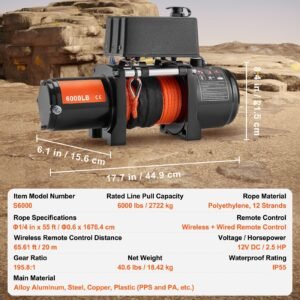 electric winch 6000 lb 12v dc truck winch with 14 in x 55 ft synthetic rope aluminum fairlead wireless wired remote control ip55 waterproof for towing off road suv truck jeep trailer boat 4.jpg