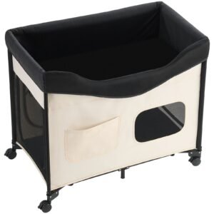 elevated lounge pet bed foldable bunk dog bed with 600d oxford cloth and dutch velvet portable raised cot with wheels side storage bags and carry bag for cats dogs xl beige 1.jpg