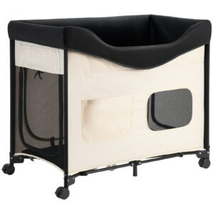 elevated lounge pet bed foldable bunk dog bed with 600d oxford cloth and dutch velvet portable raised cot with wheels side storage bags and carry bag for cats dogs xl beige 2.jpg
