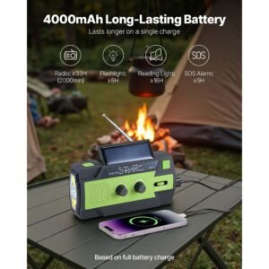 emergency weather radio, 4000mah battery, fm/am/wb/noaa alert solar hand crank emergency radio, with usb charging cable, sos alarm and flashlight, portable for outdoor emergencies, camping