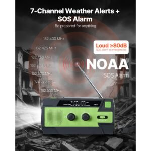 emergency weather radio, 4000mah battery, fm/am/wb/noaa alert solar hand crank emergency radio, with usb charging cable, sos alarm and flashlight, portable for outdoor emergencies, camping