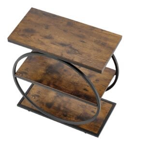 End Table, 3-Tier Narrow Side Table with Open Storage Shelves, Modern Nightstand Bedside Desk with Round Metal Frame, Wood Sofa Coffee Desk for Living Room, Bedroom, Office, Rustic Brown