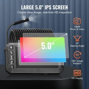 Endoscope Camera with Light, Triple Lens Borescope with 49.2FT Semi-Rigid Cable, 5" Screen 1080P Inspection Camera, 8 + 2 LED Lights, IP67 Waterproof Snake Camera for Auto, Plumbing (32GB Card)