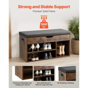 entryway shoe bench, 31.7 x 12.0 x 17.5 inch shoe storage organizer with lift top storage space, 300lbs bench with cushion seat and 3 cabinets for hallway, living room, bedroom, brown + black