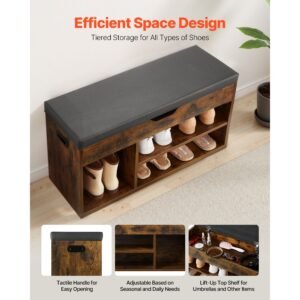entryway shoe bench, 31.7 x 12.0 x 17.5 inch shoe storage organizer with lift top storage space, 300lbs bench with cushion seat and 3 cabinets for hallway, living room, bedroom, brown + black