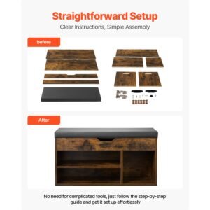 entryway shoe bench, 31.7 x 12.0 x 17.5 inch shoe storage organizer with lift top storage space, 300lbs bench with cushion seat and 3 cabinets for hallway, living room, bedroom, brown + black