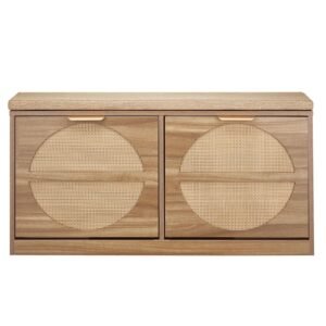 Entryway Shoe Bench, 38.9 x 9.4 x 19.7 Inch Rattan-Like Shoes Bench with Flip Drawers, 440lbs Shoe Storage Rack with Cushion, 4 Compartments and Rattan Doors, for Hallway, Living Room, Bedroom