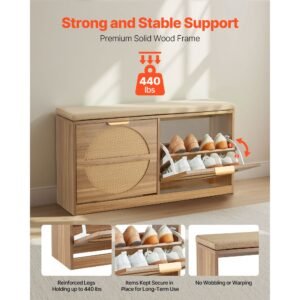 entryway shoe bench, 38.9 x 9.4 x 19.7 inch rattan like shoes bench with flip drawers, 440lbs shoe storage rack with cushion, 4 compartments and rattan doors, for hallway, living room, bedroom