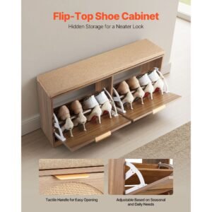 entryway shoe bench, 38.9 x 9.4 x 19.7 inch rattan like shoes bench with flip drawers, 440lbs shoe storage rack with cushion, 4 compartments and rattan doors, for hallway, living room, bedroom