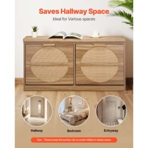 entryway shoe bench, 38.9 x 9.4 x 19.7 inch rattan like shoes bench with flip drawers, 440lbs shoe storage rack with cushion, 4 compartments and rattan doors, for hallway, living room, bedroom