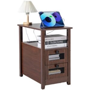 Farmhouse End Table, Nightstand with Charging Station, 4 Tiers End Table with Storage Cabinet and 2 Drawers, Side Table with USB Ports and Outlets, Ideal for Living Room, Bedroom, Brown