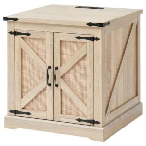 farmhouse end table rectangle pe rattan woven wood coffee table 24 inch modern boho style storage coffee table with retro metal hinges for living room bedroom small spaces 5.jpg