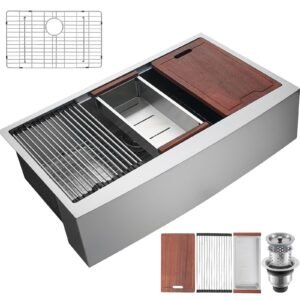 Farmhouse Kitchen Sink, 304 Stainless Steel Drop-In Sinks, Top Mount Single Bowl Basin with Ledge & Accessories, Household Dishwasher Sinks for Workstation, Prep Kitchen, and Bar Sink, 33 inch