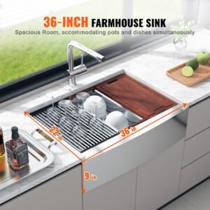 Farmhouse Kitchen Sink, 304 Stainless Steel Drop-In Sinks, Top Mount Single Bowl Basin with Ledge & Accessories, Household Dishwasher Sinks for Workstation, Prep Kitchen, and Bar Sink, 36 inch