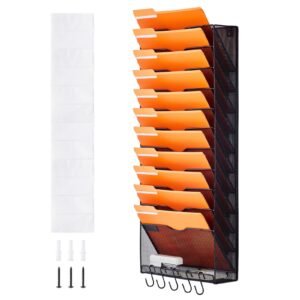 File Wall Rack, One-Piece 12 Pockets Mesh Wall File Holder, Wall Mounted Magazine Mail Paper & Document Storage Folder, Metal Wall File Organizer with Nametag Label, for Office Home & School