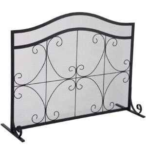 Fireplace Screen, 38 x 26.5 Inch,Heavy Duty Iron Freestanding Spark Guard with Support, Metal Mesh Craft, Broom Tong Shovel Poker Included for Fireplace Decoration & Protection, Black