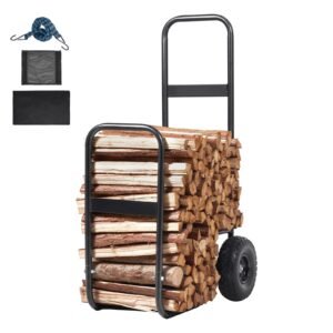 Firewood Log Cart, 250 lbs Capacity, Outdoor and Indoor Wood Rack Storage Mover with PU Wheels & Waterproof Cloth, Heavy Duty Steel Dolly Hauler, Firewood Carrier for Fireplace, Fire Pit, Black
