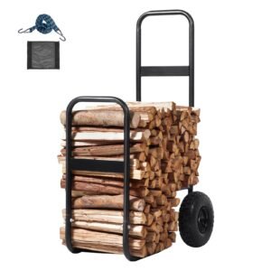 Firewood Log Cart, 250 lbs Load Capacity, Outdoor and Indoor Wood Rack Storage Mover with Pneumatic Rubber Wheels, Heavy Duty Steel Dolly Hauler, Firewood Carrier for Fireplace, Fire Pit, Black