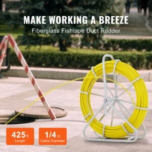 fish tape fiberglass 425 ft 14 inch duct rodder fishtape wire puller cable running rod with steel reel stand 3 pulling heads fishing tools for walls and electrical conduit non conductive 1.jpg